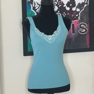 Adorable Light Blue INC International Concepts Ribbed Tank W/ Lace Neckline Sz M